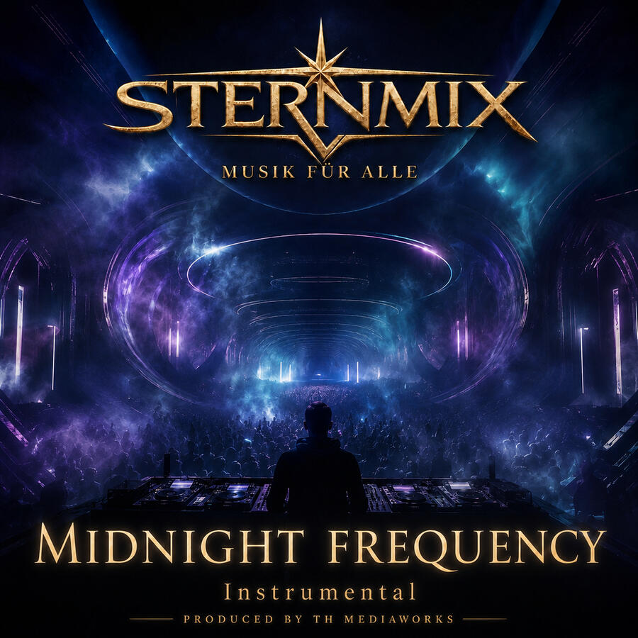 STERNMIX – Midnight Frequency. DJ vor einer kosmisch beleuchteten Konzertbühne.