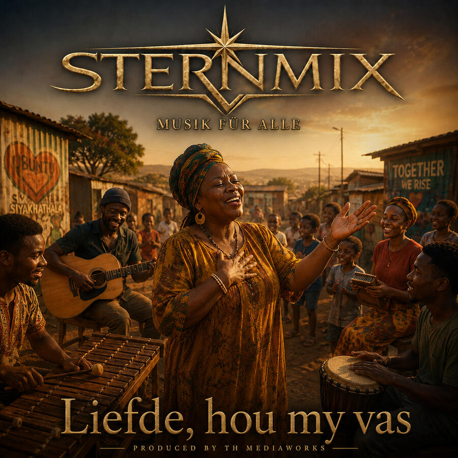 STERNMIX – Liefde, hou my vas. Singende Frau mit musizierender Gemeinschaft im warmen Abendlicht.
