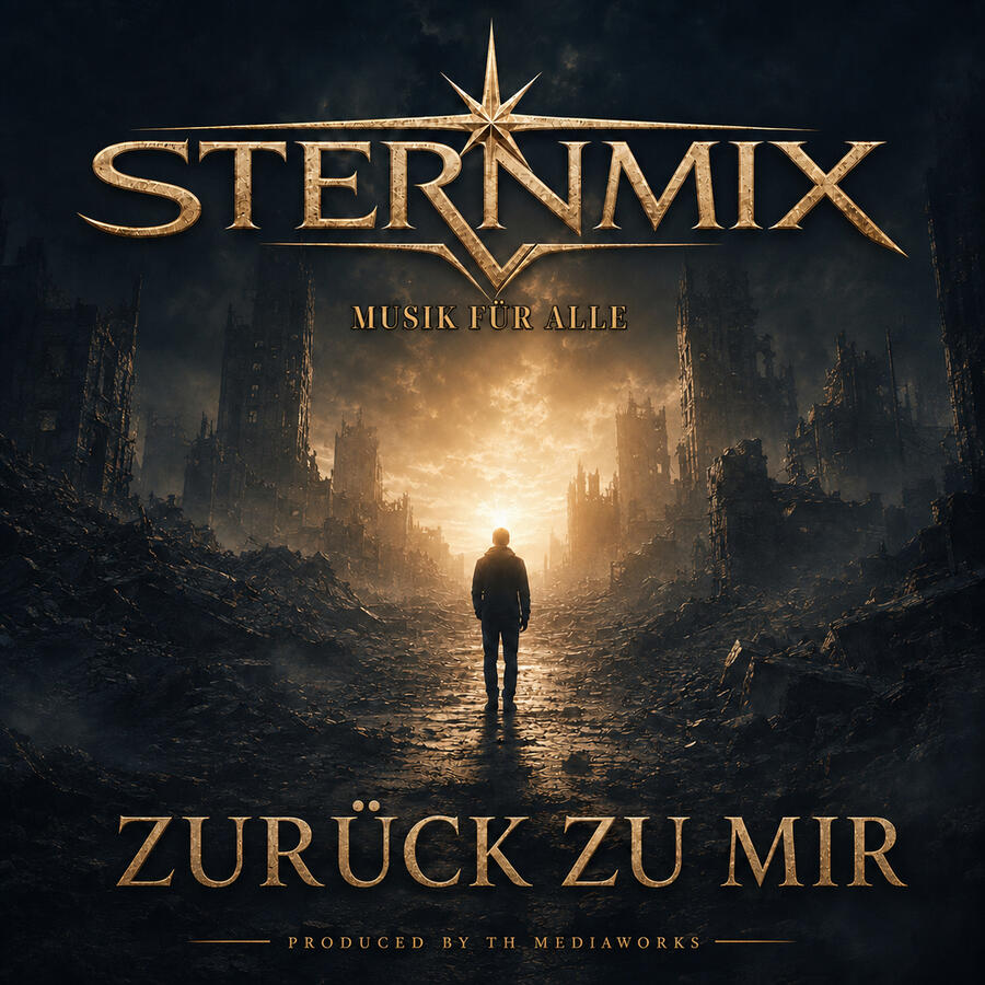STERNMIX – Zurück zu mir. Eine Person auf einer Straße zwischen Ruinen im goldenen Licht.